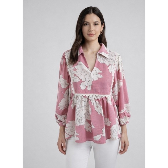 entro Tops - Entro Floral V-Neck Top Scalloped Trim Puff Sleeve Pink & White Large